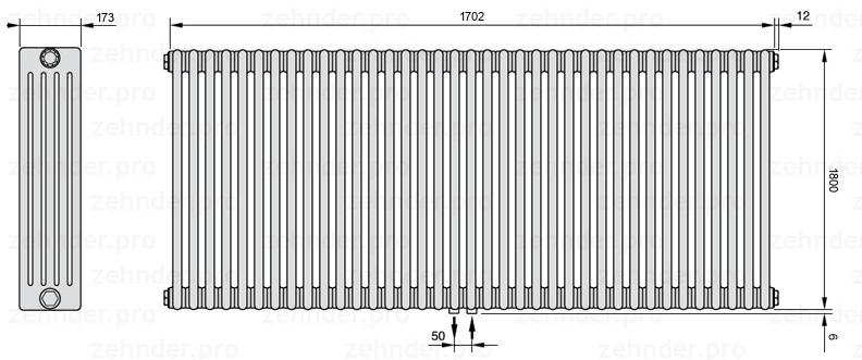 Схема (чертеж) Радиатор Zehnder Charleston 5180/37 №5410 Белый глянцевый RAL 9016